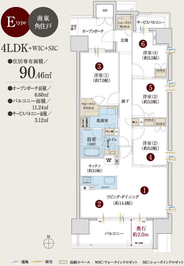 Etype 南東角住戸　4LDK